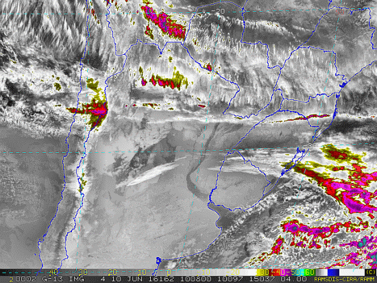 Imagem do satélite GOES 13/NOAA/EUA – Canal do Infravermelho + realce – dia 10/06/2016 – Hora local: 07:10 – Sul do Brasil. Fonte: RAMSDIS Online – Central and South America and the Caribbean, Cooperative Institute for Research in the Atmosphere, Colorado State University, EUA, modificado por LabClima/UNIVALI.