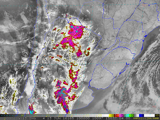 Imagem do satélite GOES 13/NOAA/EUA – Canal do Infravermelho + realce – dia 13/06/2016 – Hora local: 07:10 – Sul do Brasil. Fonte: RAMSDIS Online – Central and South America and the Caribbean, Cooperative Institute for Research in the Atmosphere, Colorado State University, EUA, modificado por LabClima/UNIVALI.