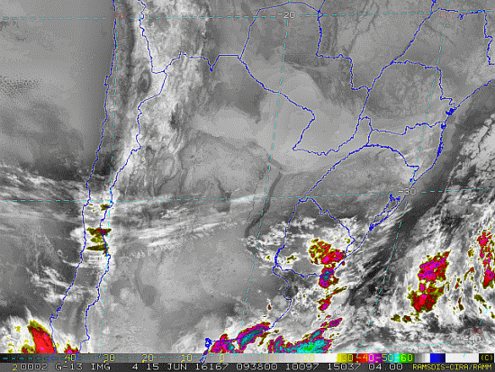 Imagem do satélite GOES 13/NOAA/EUA – Canal do Infravermelho + realce – dia 15/06/2016 – Hora local: 06:40 – Sul do Brasil. Fonte: RAMSDIS Online – Central and South America and the Caribbean, Cooperative Institute for Research in the Atmosphere, Colorado State University, EUA, modificado por LabClima/UNIVALI.