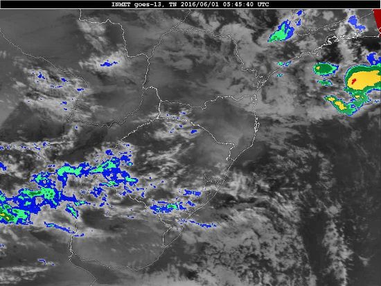 Imagem do satélite GOES 13/NOAA/EUA – Canal do Infravermelho + topo de nuvem – dia 01/06/2016 – Hora local: 02:45 – Sul do Brasil. Fonte: Instituto Nacional de Meteorologia (INMET) modificado por LabClima/UNIVALI.