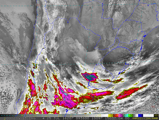 Imagem do satélite GOES 13/NOAA/EUA – Canal do Infravermelho + realce – dia 25/07/2016 – Hora local: 06:40 – Sul do Brasil.  Fonte: RAMSDIS Online – Central and South America and the Caribbean, Cooperative Institute for Research in the Atmosphere, Colorado State University, EUA, modificado por LabClima/UNIVALI.