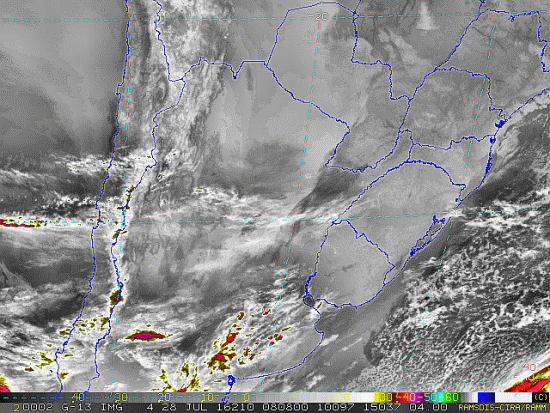 Imagem do satélite GOES 13/NOAA/EUA – Canal do Infravermelho + realce – dia 28/07/2016 – Hora local: 05:10 – Sul do Brasil.  Fonte: RAMSDIS Online – Central and South America and the Caribbean, Cooperative Institute for Research in the Atmospere, Colorado State University, EUA, modificado por LabClima/UNIVALI.