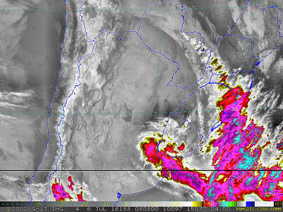 Imagem do satélite GOES 13/NOAA/EUA – Canal do Infravermelho + realce – dia 06/07/2016 – Hora local: 05:10 – Sul do Brasil. Fonte: RAMSDIS Online – Central and South America and the Caribbean, Cooperative Institute for Research in the Atmosphere, Colorado State University, EUA, modificado por LabClima/UNIVALI.