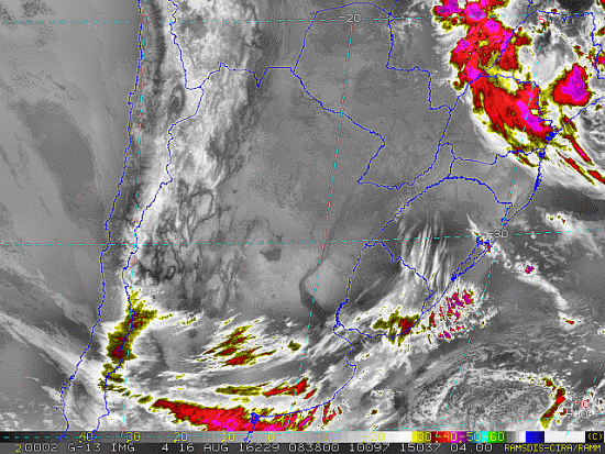 Imagem do satélite GOES 13/NOAA/EUA – Canal do Infravermelho + realce – dia 16/08/2016 – Hora local: 05:40 – Sul do Brasil. Fonte: RAMSDIS Online - Central and South America and the Caribbean, Cooperative Institute for Research in the Atmospere, Colorado State University, EUA, modificado por LabClima/UNIVALI.