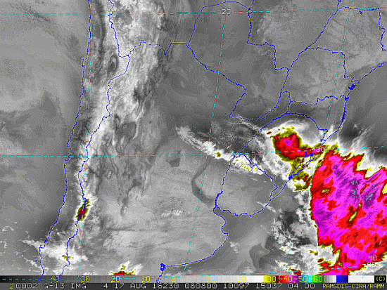 Imagem do satélite GOES 13/NOAA/EUA – Canal do Infravermelho + realce – dia 17/08/2016 – Hora local: 05:10 – Sul do Brasil. Fonte: RAMSDIS Online - Central and South America and the Caribbean, Cooperative Institute for Research in the Atmospere, Colorado State University, EUA, modificado por LabClima/UNIVALI.