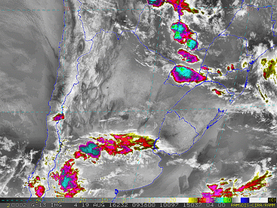Imagem do satélite GOES 13/NOAA/EUA – Canal do Infravermelho + realce – dia 19/08/2016 – Hora local: 06:40 – Sul do Brasil. Fonte: RAMSDIS Online – Central and South America and the Caribbean, Cooperative Institute for Research in the Atmospere, Colorado State University, EUA, modificado por LabClima/UNIVALI.