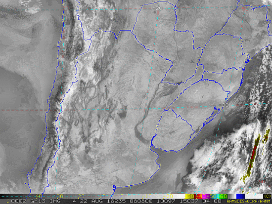 Imagem do satélite GOES 13/NOAA/EUA – Canal do Infravermelho + realce – dia 22/08/2016 – Hora local: 05:10 – Sul do Brasil. Fonte: RAMSDIS Online - Central and South America and the Caribbean, Cooperative Institute for Research in the Atmospere, Colorado State University, EUA, modificado por LabClima/UNIVALI.