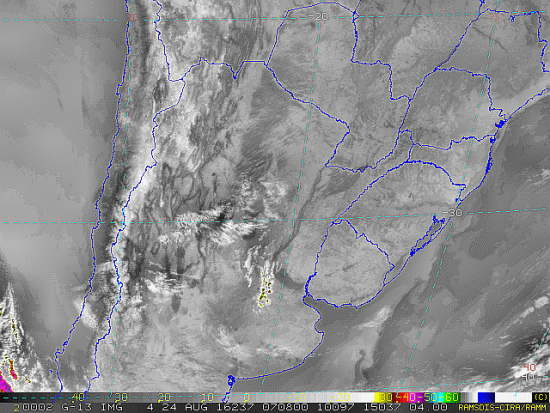 Imagem do satélite GOES 13/NOAA/EUA – Canal do Infravermelho + realce – dia 24/08/2016 – Hora local: 04:10 – Sul do Brasil. Fonte: RAMSDIS Online - Central and South America and the Caribbean, Cooperative Institute for Research in the Atmospere, Colorado State University, EUA, modificado por LabClima/UNIVALI.