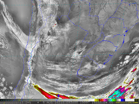 Imagem do satélite GOES 13/NOAA/EUA – Canal do Infravermelho + realce – dia 05/08/2016 – Hora local: 06:40 – Sul do Brasil. Fonte: RAMSDIS Online - Central and South America and the Caribbean, Cooperative Institute for Research in the Atmospere, Colorado State University, EUA, modificado por LabClima/UNIVALI.