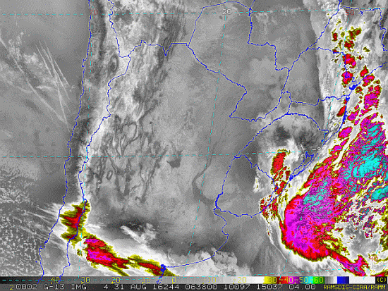 Imagem do satélite GOES 13/NOAA/EUA – Canal do Infravermelho + realce – dia 31/08/2016 – Hora local: 03:40 – Sul do Brasil. Fonte: RAMSDIS Online - Central and South America and the Caribbean, Cooperative Institute for Research in the Atmospere, Colorado State University, EUA, modificado por LabClima/UNIVALI.