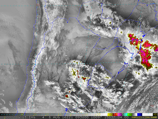 Imagem do satélite GOES 13/NOAA/EUA – Canal do Infravermelho + realce – dia 08/08/2016 – Hora local: 06:40 – Sul do Brasil. Fonte: RAMSDIS Online - Central and South America and the Caribbean, Cooperative Institute for Research in the Atmospere, Colorado State University, EUA, modificado por LabClima/UNIVALI.