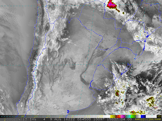 Imagem do satélite GOES 13/NOAA/EUA – Canal do Infravermelho + realce – dia 09/08/2016 – Hora local: 05:45 – Sul do Brasil., Fonte: RAMSDIS Online - Central and South America and the Caribbean, Cooperative Institute for Research in the Atmospere, Colorado State University, EUA, modificado por LabClima/UNIVALI.
