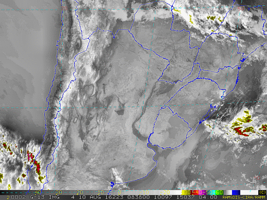Imagem do satélite GOES 13/NOAA/EUA – Canal do Infravermelho + realce – dia 10/08/2016 – Hora local: 05:40 – Sul do Brasil. Fonte: RAMSDIS Online - Central and South America and the Caribbean, Cooperative Institute for Research in the Atmospere, Colorado State University, EUA, modificado por LabClima/UNIVALI.
