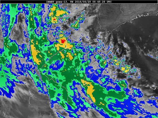 Imagem do satélite GOES 13/NOAA/EUA – Canal do Infravermelho + realce – dia 29/08/2016 – Hora local: 05:45 – Sul do Brasil. Fonte: Instituto Nacional de Meteorologia (INMET) modificado por LabClima/UNIVALI.