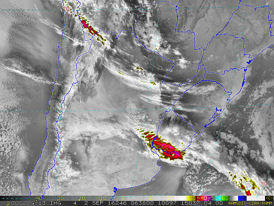 Imagem do satélite GOES 13/NOAA/EUA – Canal do Infravermelho + realce – dia 02/09/2016 – Hora local: 03:40 – Sul do Brasil. Fonte: RAMSDIS Online - Central and South America and the Caribbean, Cooperative Institute for Research in the Atmospere, Colorado State University, EUA, modificado por LabClima/UNIVALI.