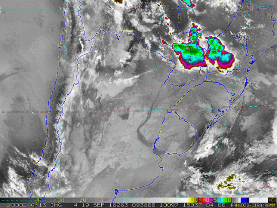 Imagem do satélite GOES 13/NOAA/EUA – Canal do Infravermelho + realce – dia 19/09/2016 – Hora local: 06:40 – Sul do Brasil. Fonte: RAMSDIS Online - Central and South America and the Caribbean, Cooperative Institute for Research in the Atmospere, Colorado State University, EUA, modificado por LabClima/UNIVALI.