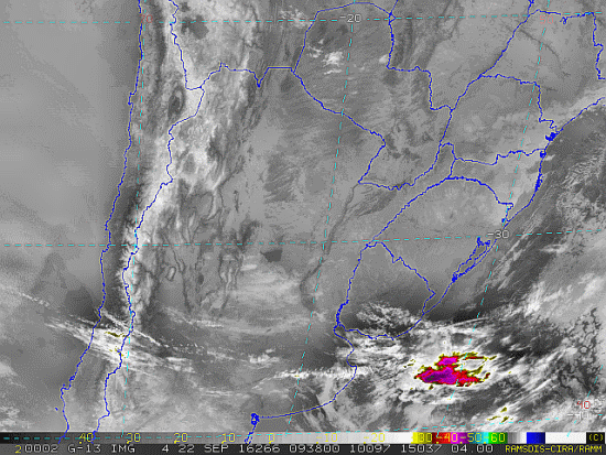 Imagem do satélite GOES 13/NOAA/EUA – Canal do Infravermelho + realce – dia 22/09/2016 – Hora local: 06:40 – Sul do Brasil. Fonte: RAMSDIS Online - Central and South America and the Caribbean, Cooperative Institute for Research in the Atmospere, Colorado State University, EUA, modificado por LabClima/UNIVALI.