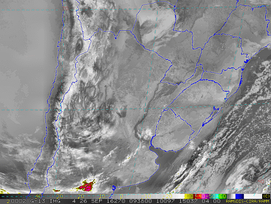 Imagem do satélite GOES 13/NOAA/EUA – Canal do Infravermelho + realce – dia 26/09/2016 – Hora local: 06:40 – Sul do Brasil. Fonte: RAMSDIS Online - Central and South America and the Caribbean, Cooperative Institute for Research in the Atmospere, Colorado State University, EUA, modificado por LabClima/UNIVALI.