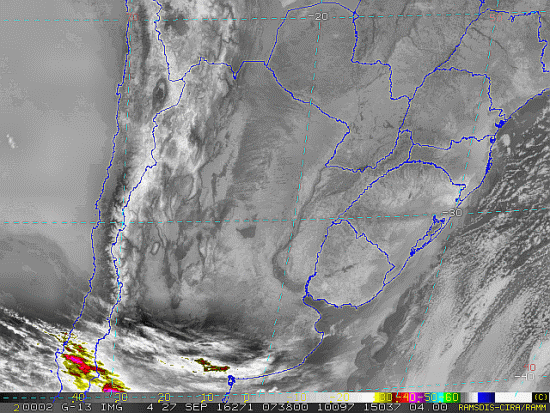 Imagem do satélite GOES 13/NOAA/EUA – Canal do Infravermelho + realce – dia 27/09/2016 – Hora local: 04:40 – Sul do Brasil. Fonte: RAMSDIS Online - Central and South America and the Caribbean, Cooperative Institute for Research in the Atmospere, Colorado State University, EUA, modificado por LabClima/UNIVALI.