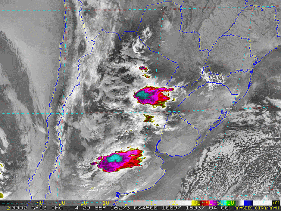 Imagem do satélite GOES 13/NOAA/EUA – Canal do Infravermelho + realce – dia 29/09/2016 – Hora local: 05:45 – Sul do Brasil. Fonte: RAMSDIS Online - Central and South America and the Caribbean, Cooperative Institute for Research in the Atmospere, Colorado State University, EUA, modificado por LabClima/UNIVALI.