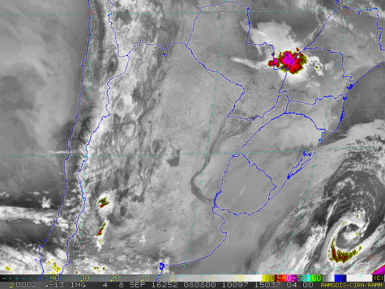 Imagem do satélite GOES 13/NOAA/EUA – Canal do Infravermelho + realce – dia 08/09/2016 – Hora local: 05:10 – Sul do Brasil. Fonte: RAMSDIS Online - Central and South America and the Caribbean, Cooperative Institute for Research in the Atmospere, Colorado State University, EUA, modificado por LabClima/UNIVALI.