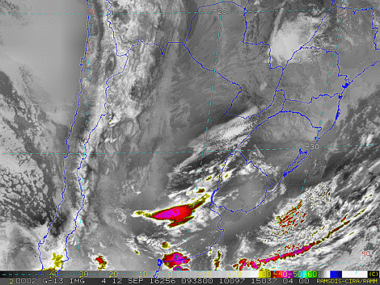 Imagem do satélite GOES 13/NOAA/EUA – Canal do Infravermelho + realce – dia 12/09/2016 – Hora local: 06:40 – Sul do Brasil. Fonte: RAMSDIS Online - Central and South America and the Caribbean, Cooperative Institute for Research in the Atmospere, Colorado State University, EUA, modificado por LabClima/UNIVALI.