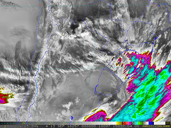 Imagem do satélite GOES 13/NOAA/EUA – Canal do Infravermelho + realce – dia 13/09/2016 – Hora local: 05:10 – Sul do Brasil. Fonte: RAMSDIS Online - Central and South America and the Caribbean, Cooperative Institute for Research in the Atmospere, Colorado State University, EUA, modificado por LabClima/UNIVALI.