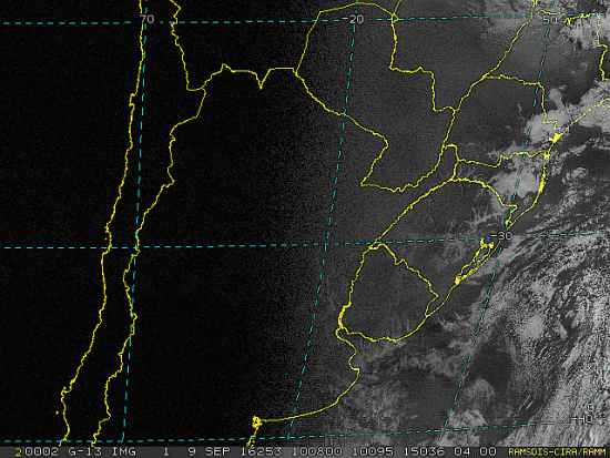 Imagem do satélite GOES 13/NOAA/EUA – Canal do Visível – dia 09/09/2016 – Hora local: 07:10 – Sul do Brasil. Fonte: RAMSDIS Online - Central and South America and the Caribbean, Cooperative Institute for Research in the Atmospere, Colorado State University, EUA, modificado por LabClima/UNIVALI.