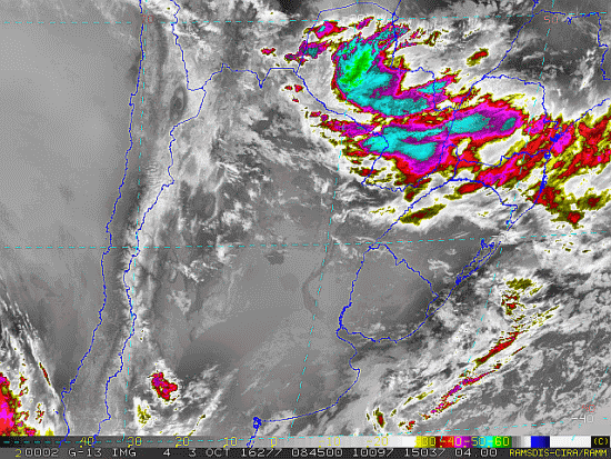 Imagem do satélite GOES 13/NOAA/EUA – Canal do Infravermelho + realce – dia 03/10/2016 – Hora local: 05:45 – Sul do Brasil. Fonte: RAMSDIS Online - Central and South America and the Caribbean, Cooperative Institute for Research in the Atmospere, Colorado State University, EUA, modificado por LabClima/UNIVALI.