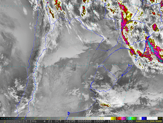 Imagem do satélite GOES 13/NOAA/EUA – Canal do Infravermelho + realce – dia 21/10/2016 – Hora local: 06:10 – Sul do Brasil. Fonte: RAMSDIS Online - Central and South America and the Caribbean, Cooperative Institute for Research in the Atmospere, Colorado State University, EUA, modificado por LabClima/UNIVALI.