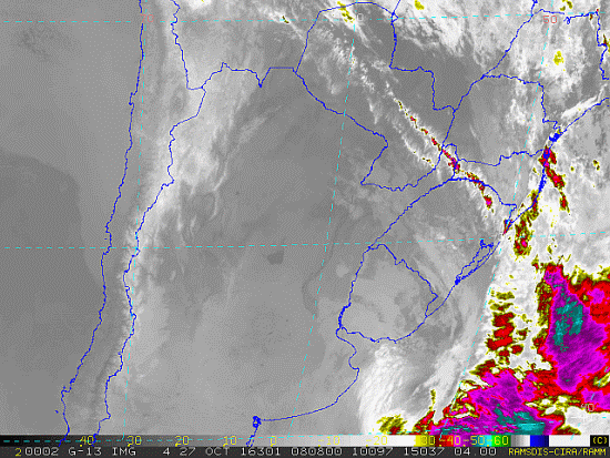 Imagem do satélite GOES 13/NOAA/EUA – Canal do Infravermelho + realce – dia 26/10/2016 – Hora local: 04:40 – Sul do Brasil. Fonte: RAMSDIS Online – Central and South America and the Caribbean, Cooperative Institute for Research in the Atmospere, Colorado State University, EUA, modificado por LabClima/UNIVALI.