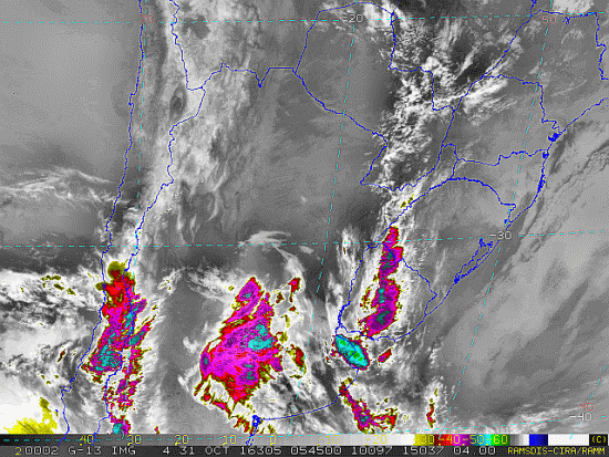 Imagem do satélite GOES 13/NOAA/EUA – Canal do Infravermelho + realce – dia 31/10/2016 – Hora local: 03:45 – Sul do Brasil. Fonte: RAMSDIS Online - Central and South America and the Caribbean, Cooperative Institute for Research in the Atmospere, Colorado State University, EUA, modificado por LabClima/UNIVALI.