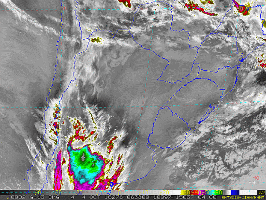 Imagem do satélite GOES 13/NOAA/EUA – Canal do Infravermelho + realce – dia 04/10/2016 – Hora local: 03:40 – Sul do Brasil. Fonte: RAMSDIS Online - Central and South America and the Caribbean, Cooperative Institute for Research in the Atmospere, Colorado State University, EUA, modificado por LabClima/UNIVALI.