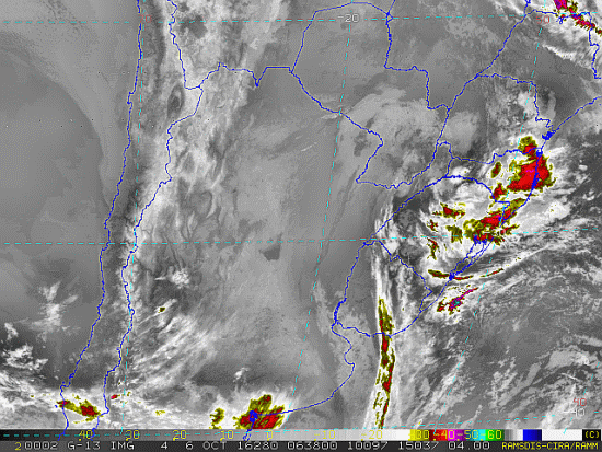 Imagem do satélite GOES 13/NOAA/EUA – Canal do Infravermelho + realce – dia 06/10/2016 – Hora local: 03:40 – Sul do Brasil. Fonte: RAMSDIS Online - Central and South America and the Caribbean, Cooperative Institute for Research in the Atmospere, Colorado State University, EUA, modificado por LabClima/UNIVALI.