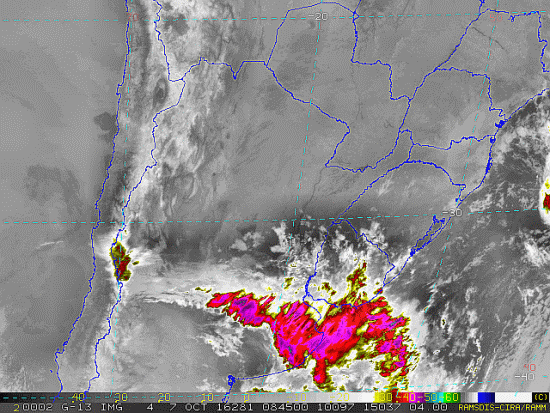 Imagem do satélite GOES 13/NOAA/EUA – Canal do Infravermelho + realce – dia 07/10/2016 – Hora local: 05:45 – Sul do Brasil. Fonte: RAMSDIS Online - Central and South America and the Caribbean, Cooperative Institute for Research in the Atmospere, Colorado State University, EUA, modificado por LabClima/UNIVALI.
