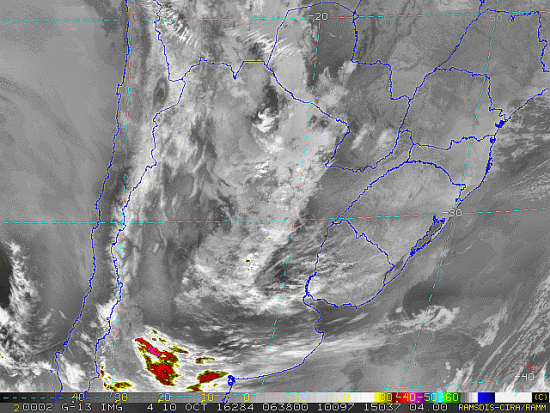 Imagem do satélite GOES 13/NOAA/EUA – Canal do Infravermelho + realce – dia 10/10/2016 – Hora local: 03:40 – Sul do Brasil. Fonte: RAMSDIS Online - Central and South America and the Caribbean, Cooperative Institute for Research in the Atmospere, Colorado State University, EUA, modificado por LabClima/UNIVALI.