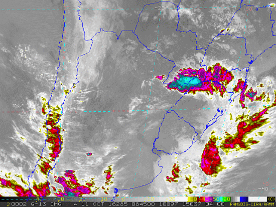 Imagem do satélite GOES 13/NOAA/EUA – Canal do Infravermelho + realce – dia 11/10/2016 – Hora local: 05:45 – Sul do Brasil. Fonte: RAMSDIS Online – Central and South America and the Caribbean, Cooperative Institute for Research in the Atmospere, Colorado State University, EUA, modificado por LabClima/UNIVALI.