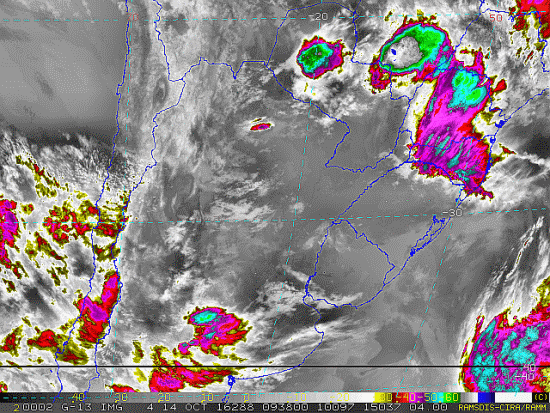 Imagem do satélite GOES 13/NOAA/EUA – Canal do Infravermelho + realce – dia 14/10/2016 – Hora local: 06:40 – Sul do Brasil. Fonte: RAMSDIS Online - Central and South America and the Caribbean, Cooperative Institute for Research in the Atmospere, Colorado State University, EUA, modificado por LabClima/UNIVALI.