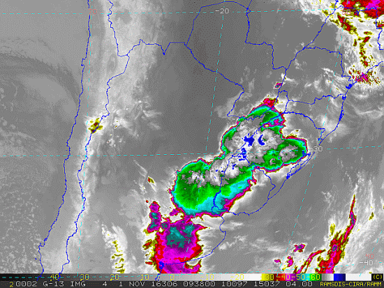 Imagem do satélite GOES 13/NOAA/EUA – Canal do Infravermelho + realce – dia 01/11/2016 – Hora local: 07:40 – Sul do Brasil. Fonte: RAMSDIS Online – Central and South America and the Caribbean, Cooperative Institute for Research in the Atmospere, Colorado State University, EUA, modificado por LabClima/UNIVALI.