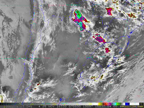 Imagem do satélite GOES 13/NOAA/EUA – Canal do Infravermelho + realce – dia 25/11/2016 – Hora local: 05:10 – Sul do Brasil. Fonte: RAMSDIS Online - Central and South America and the Caribbean, Cooperative Institute for Research in the Atmospere, Colorado State University, EUA, modificado por LabClima/UNIVALI.