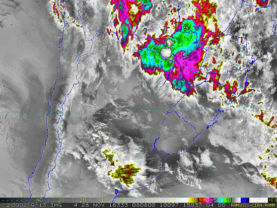 Imagem do satélite GOES 13/NOAA/EUA – Canal do Infravermelho + realce – dia 28/11/2016 – Hora local: 06:10 – Sul do Brasil. Fonte: RAMSDIS Online - Central and South America and the Caribbean, Cooperative Institute for Research in the Atmospere, Colorado State University, EUA, modificado por LabClima/UNIVALI.