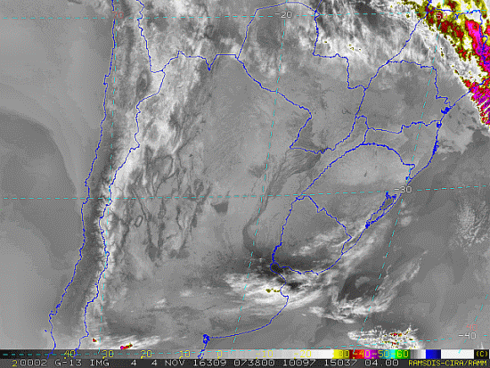 Imagem do satélite GOES 13/NOAA/EUA – Canal do Infravermelho + realce – dia 04/11/2016 – Hora local: 05:40 – Sul do Brasil. Fonte: RAMSDIS Online - Central and South America and the Caribbean, Cooperative Institute for Research in the Atmospere, Colorado State University, EUA, modificado por LabClima/UNIVALI.