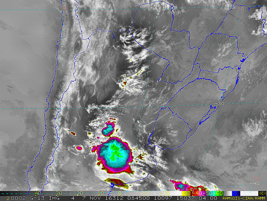 Imagem do satélite GOES 13/NOAA/EUA – Canal do Infravermelho + realce – dia 07/11/2016 – Hora local: 06:45 – Sul do Brasil. Fonte: RAMSDIS Online - Central and South America and the Caribbean, Cooperative Institute for Research in the Atmospere, Colorado State University, EUA, modificado por LabClima/UNIVALI.