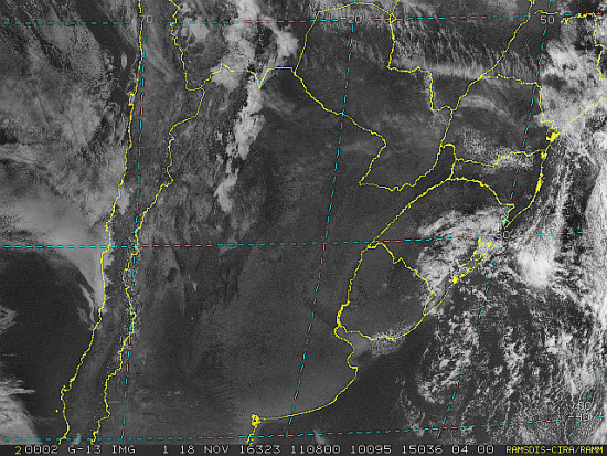 Imagem do satélite GOES 13/NOAA/EUA – Canal do Visível – dia 18/11/2016 – Hora local: 09:10 – Sul do Brasil. Fonte: RAMSDIS Online - Central and South America and the Caribbean, Cooperative Institute for Research in the Atmospere, Colorado State University, EUA, modificado por LabClima/UNIVALI.