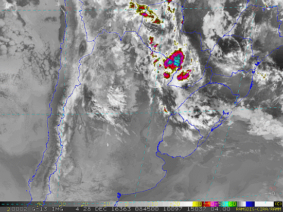 Imagem do satélite GOES 13/NOAA/EUA – Canal do Infravermelho + realce – dia 28/12/2016 – Hora local: 06:45 – Sul do Brasil. Fonte: RAMSDIS Online - Central and South America and the Caribbean, Cooperative Institute for Research in the Atmospere, Colorado State University, EUA, modificado por LabClima/UNIVALI.
