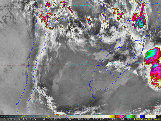Imagem do satélite GOES 13/NOAA/EUA – Canal do Infravermelho + realce – dia 30/12/2016 – Hora local: 06:45 – Sul do Brasil. Fonte: RAMSDIS Online - Central and South America and the Caribbean, Cooperative Institute for Research in the Atmospere, Colorado State University, EUA, modificado por LabClima/UNIVALI.