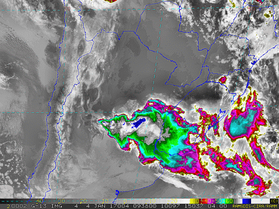 Imagem do satélite GOES 13/NOAA/EUA – Canal do Infravermelho + realce – dia 04/01/2017 – Hora local: 07:40 – Sul do Brasil. Fonte: RAMSDIS Online - Central and South America and the Caribbean, Cooperative Institute for Research in the Atmospere, Colorado State University, EUA, modificado por LabClima/UNIVALI.