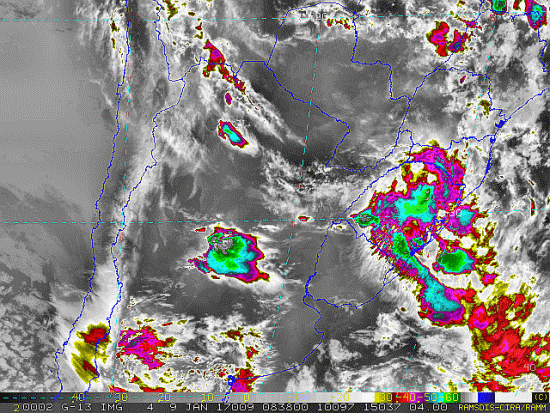 Imagem do satélite GOES 13/NOAA/EUA – Canal do Infravermelho + realce – dia 09/01/2017 – Hora local: 06:40 – Sul do Brasil. Fonte: RAMSDIS Online - Central and South America and the Caribbean, Cooperative Institute for Research in the Atmospere, Colorado State University, EUA, modificado por LabClima/UNIVALI.