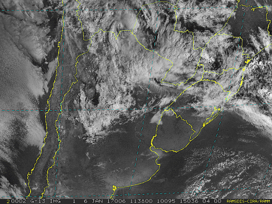 Imagem do satélite GOES 13/NOAA/EUA – Canal do Visível – dia 06/01/2017 – Hora local: 09:40 – Sul do Brasil. Fonte: RAMSDIS Online - Central and South America and the Caribbean, Cooperative Institute for Research in the Atmospere, Colorado State University, EUA, modificado por LabClima/UNIVALI.