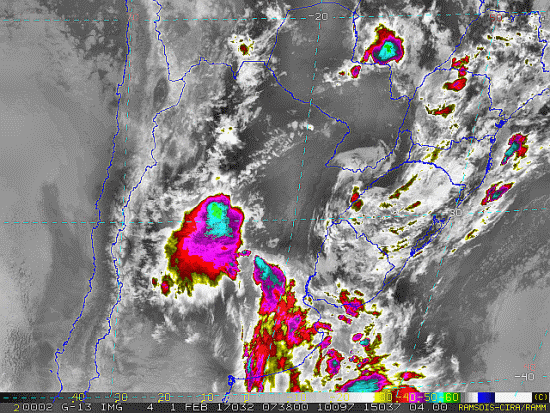 Imagem do satélite GOES 13/NOAA/EUA – Canal do Infravermelho + realce – dia 01/02/2017 – Hora local: 05:40 – Sul do Brasil. Fonte: RAMSDIS Online - Central and South America and the Caribbean, Cooperative Institute for Research in the Atmospere, Colorado State University, EUA, modificado por LabClima/UNIVALI.